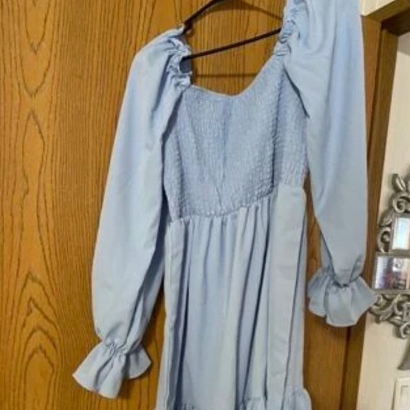 Shirred Bodice Flounce Sleeve Ruffle Hem Dress BLUE - Picture 5 of 7